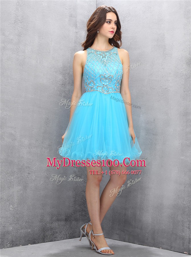 Baby Blue Prom Evening Gown Party and For with Beading Scoop Sleeveless Zipper