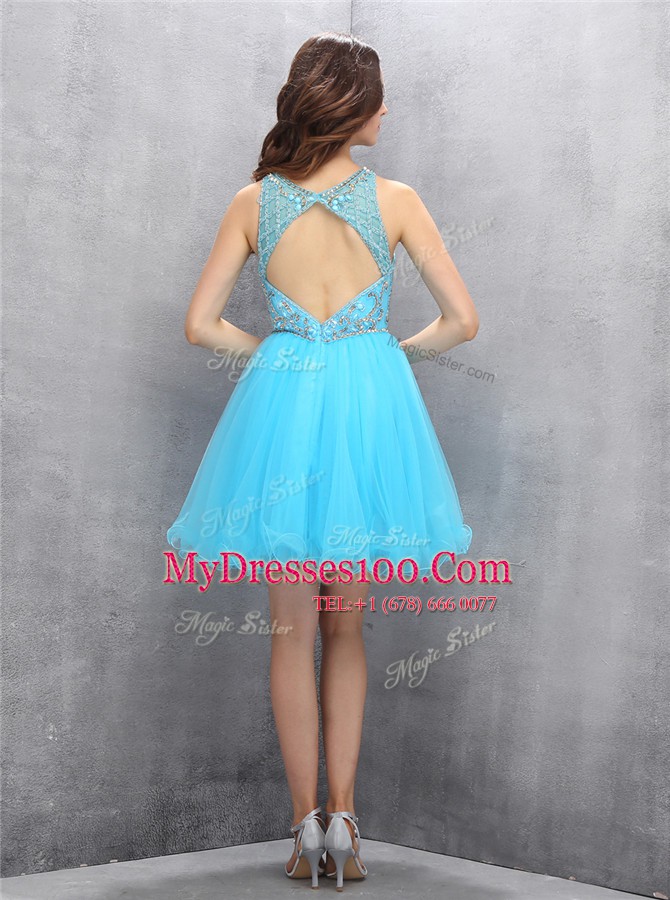 Baby Blue Prom Evening Gown Party and For with Beading Scoop Sleeveless Zipper