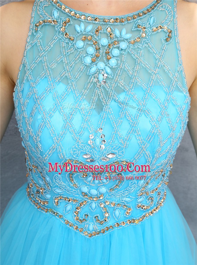 Baby Blue Prom Evening Gown Party and For with Beading Scoop Sleeveless Zipper