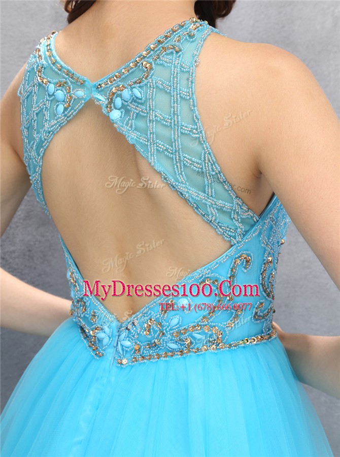 Baby Blue Prom Evening Gown Party and For with Beading Scoop Sleeveless Zipper