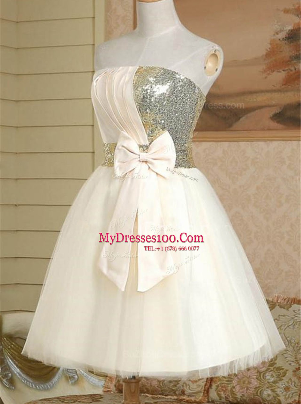 Wonderful Sleeveless Mini Length Sequins and Bowknot Lace Up Evening Outfits with Champagne