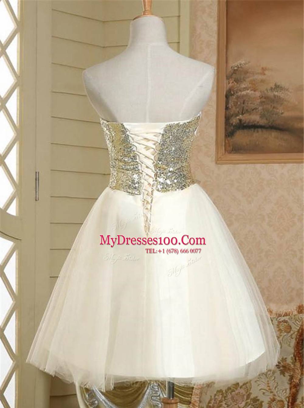Wonderful Sleeveless Mini Length Sequins and Bowknot Lace Up Evening Outfits with Champagne