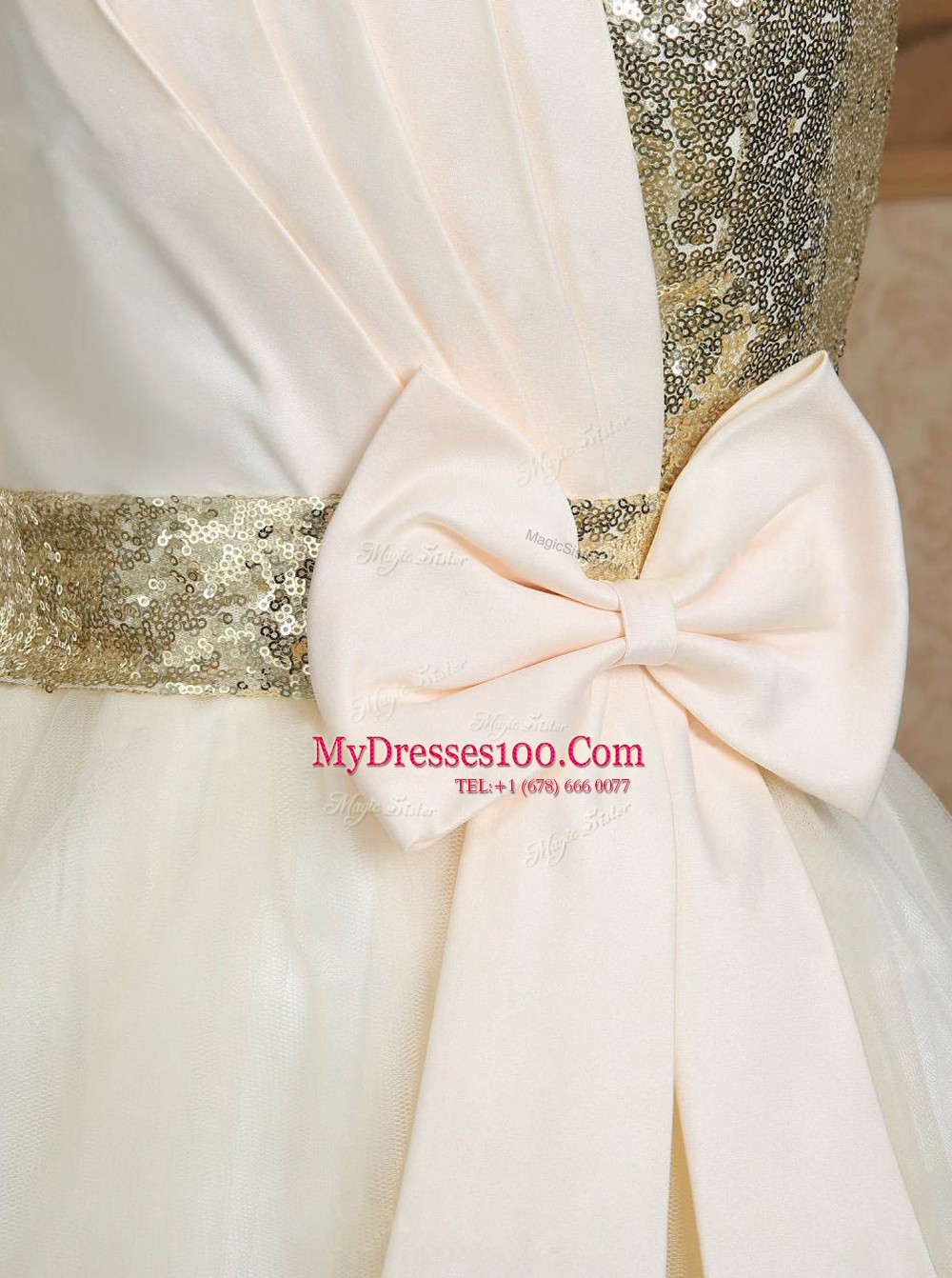Wonderful Sleeveless Mini Length Sequins and Bowknot Lace Up Evening Outfits with Champagne