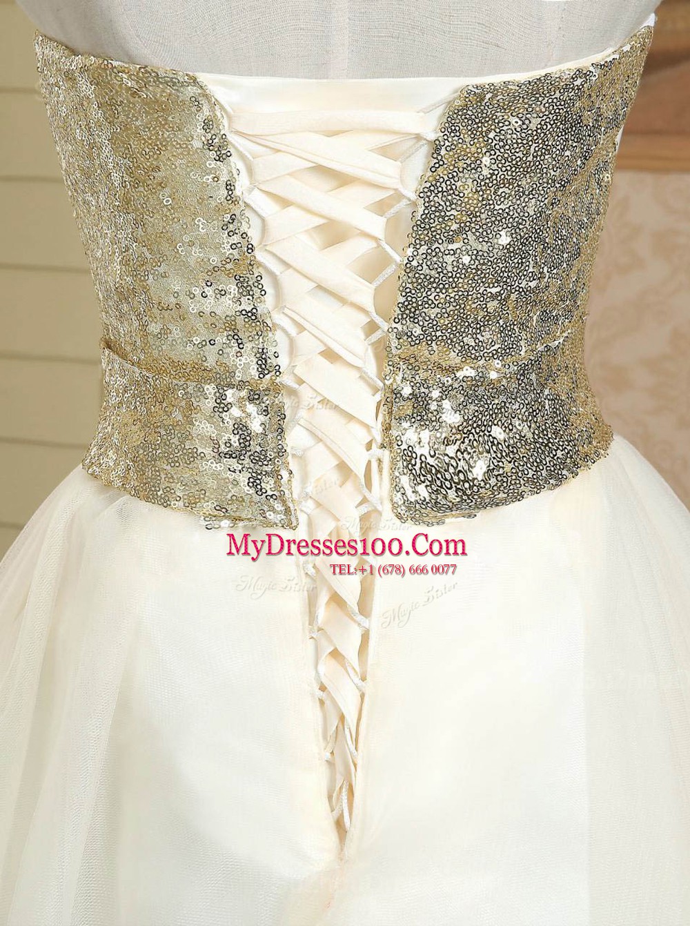 Wonderful Sleeveless Mini Length Sequins and Bowknot Lace Up Evening Outfits with Champagne