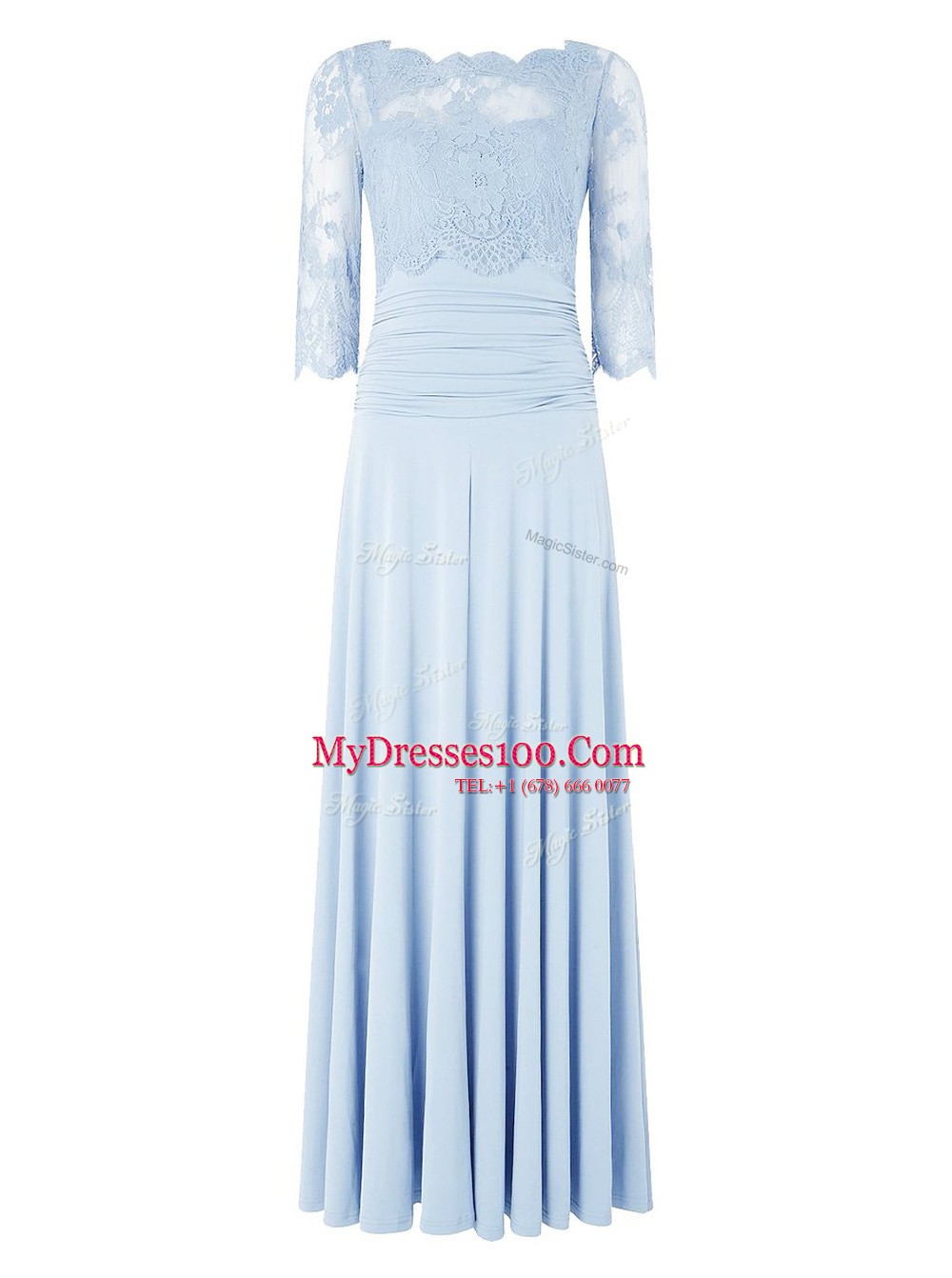 New Arrival Light Blue Silk Like Satin Zipper Mother Of The Bride Dress 3 4 Length Sleeve Floor Length Lace