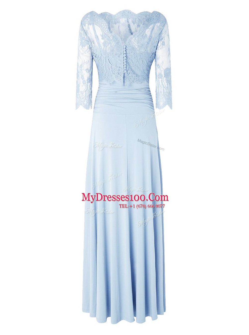 New Arrival Light Blue Silk Like Satin Zipper Mother Of The Bride Dress 3 4 Length Sleeve Floor Length Lace