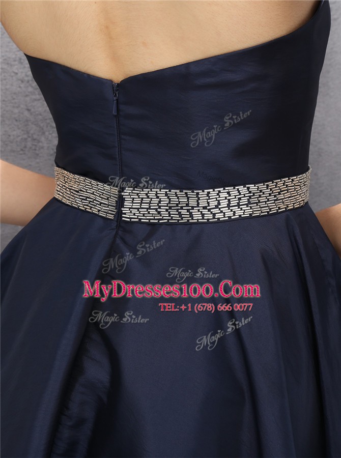 Glittering Navy Blue A-line Satin Sweetheart Sleeveless Beading and Appliques Knee Length Zipper Evening Gowns