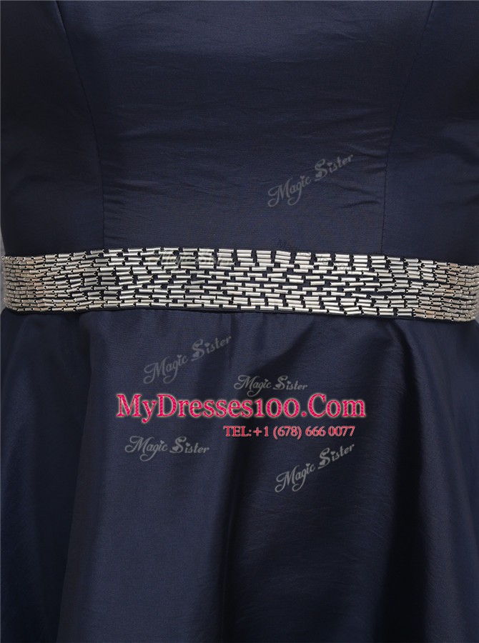 Glittering Navy Blue A-line Satin Sweetheart Sleeveless Beading and Appliques Knee Length Zipper Evening Gowns