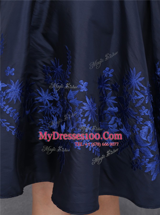 Glittering Navy Blue A-line Satin Sweetheart Sleeveless Beading and Appliques Knee Length Zipper Evening Gowns