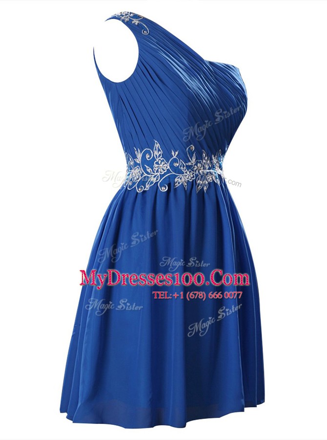 Custom Design Royal Blue Prom Evening Gown Party and For with Appliques and Ruffles One Shoulder Sleeveless Zipper