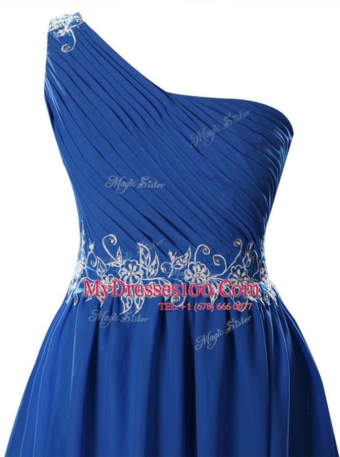 Custom Design Royal Blue Prom Evening Gown Party and For with Appliques and Ruffles One Shoulder Sleeveless Zipper
