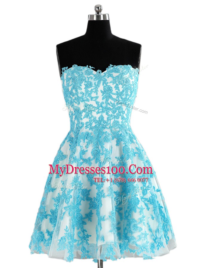 Sleeveless Knee Length Appliques Zipper Dress for Prom with Blue