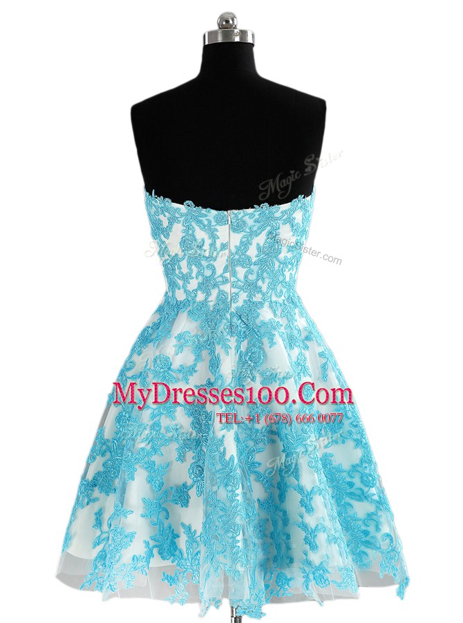 Sleeveless Knee Length Appliques Zipper Dress for Prom with Blue