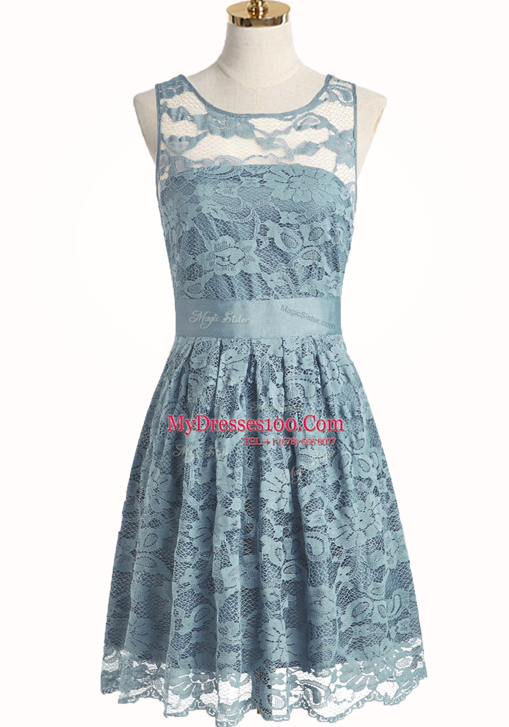 Suitable Light Blue Evening Gowns Party and Wedding Party and For with Lace Scoop Sleeveless Zipper