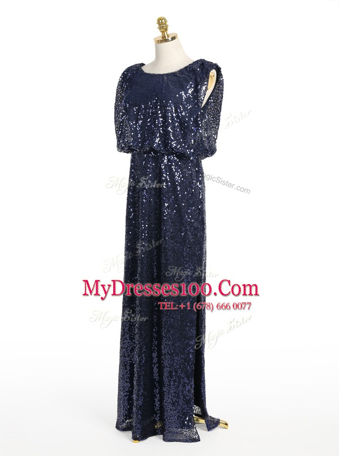 Navy Blue Scoop Zipper Sequins Dress for Prom Sleeveless