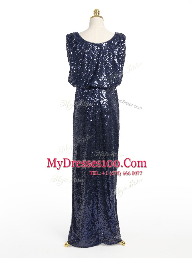 Navy Blue Scoop Zipper Sequins Dress for Prom Sleeveless