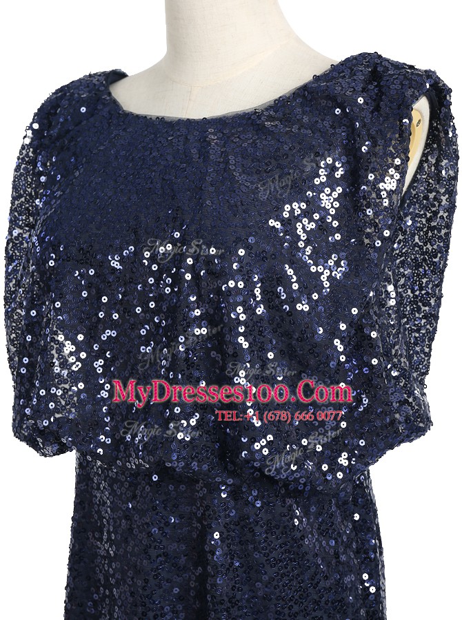 Navy Blue Scoop Zipper Sequins Dress for Prom Sleeveless