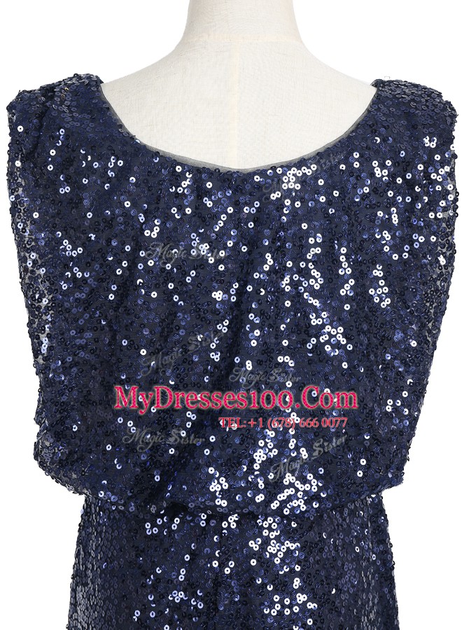Navy Blue Scoop Zipper Sequins Dress for Prom Sleeveless