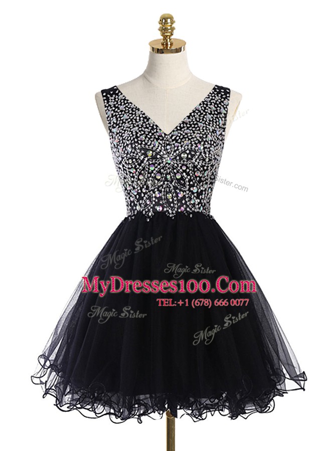 Best Sleeveless Tulle Mini Length Zipper Evening Wear in Black with Beading