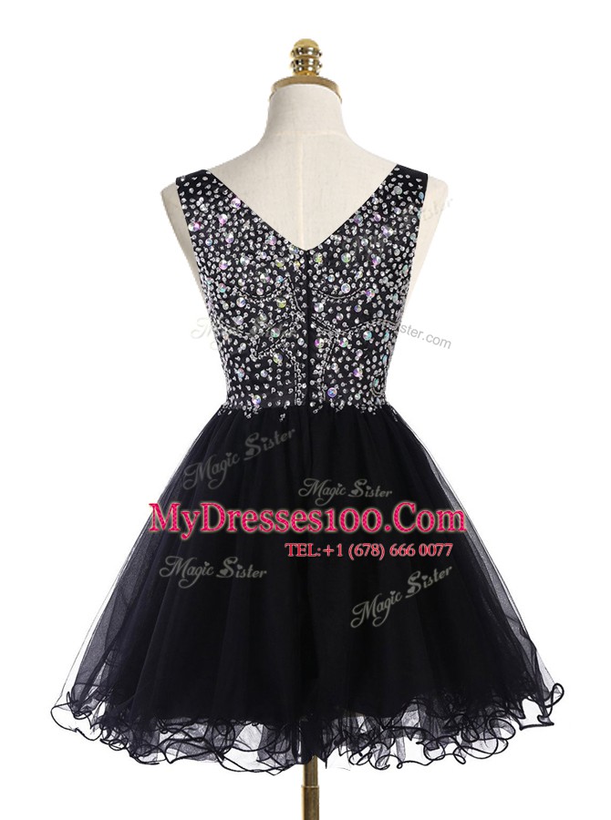 Best Sleeveless Tulle Mini Length Zipper Evening Wear in Black with Beading