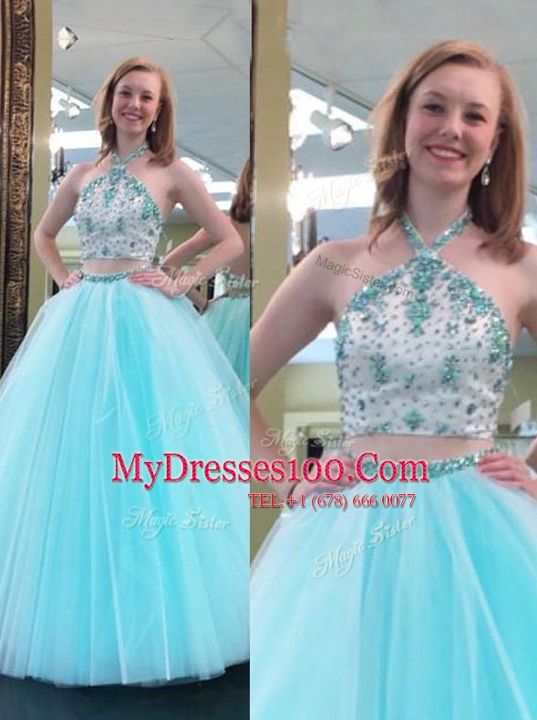 Halter Top Sleeveless Backless Prom Evening Gown Blue Tulle