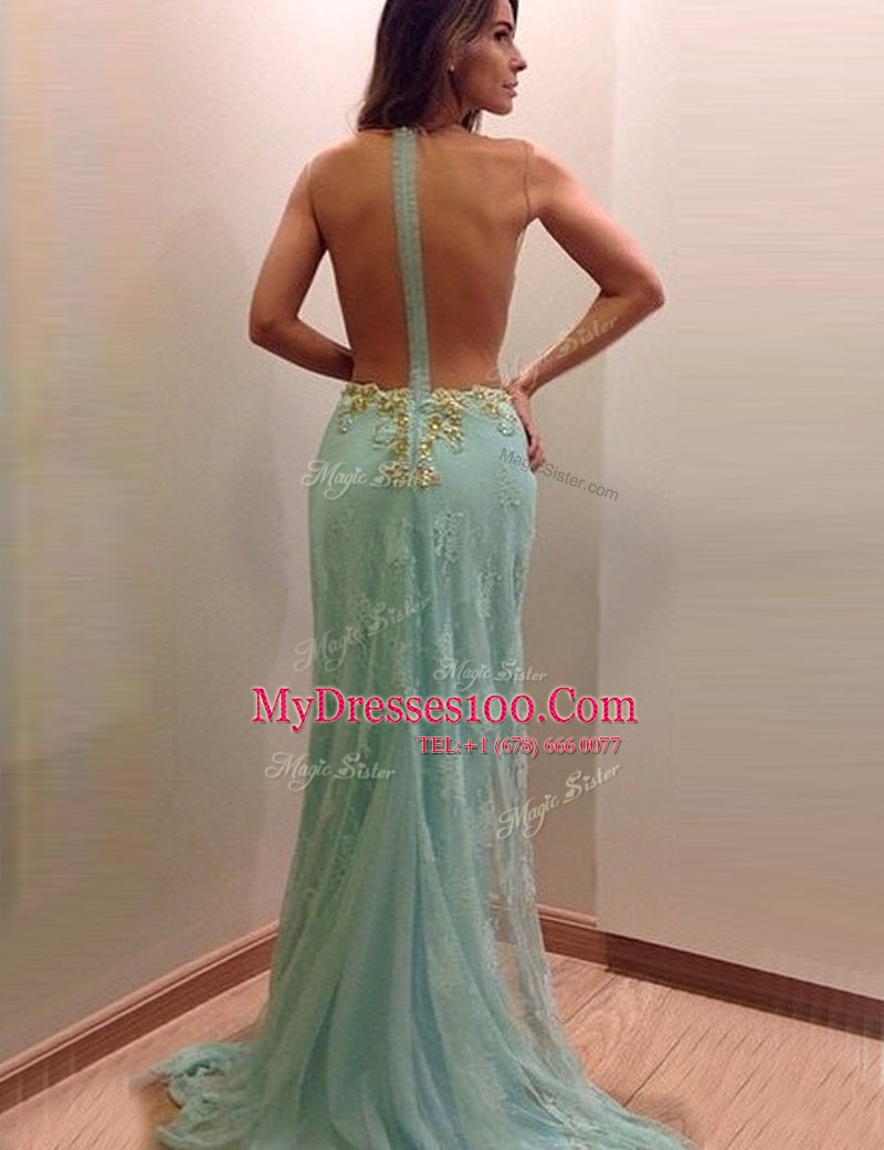 Dazzling Scoop Sleeveless Lace Brush Train Zipper Prom Dresses in Turquoise with Beading