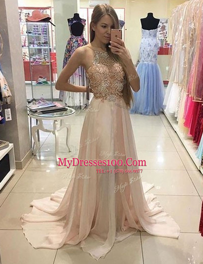 Hot Selling Champagne Scoop Zipper Beading Prom Evening Gown Brush Train Sleeveless