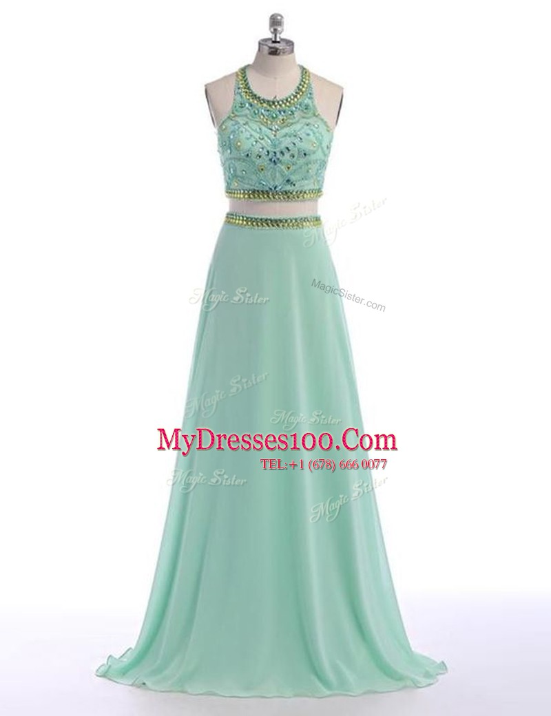 Admirable Apple Green Scoop Criss Cross Beading Prom Dresses Sweep Train Sleeveless