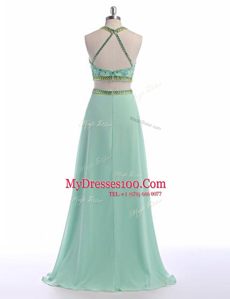 Admirable Apple Green Scoop Criss Cross Beading Prom Dresses Sweep Train Sleeveless