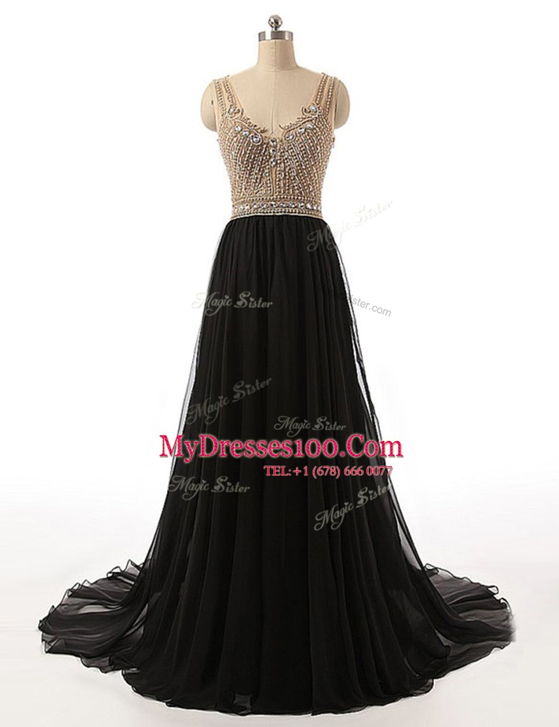 Black Tulle Side Zipper Prom Party Dress Sleeveless With Brush Train Beading