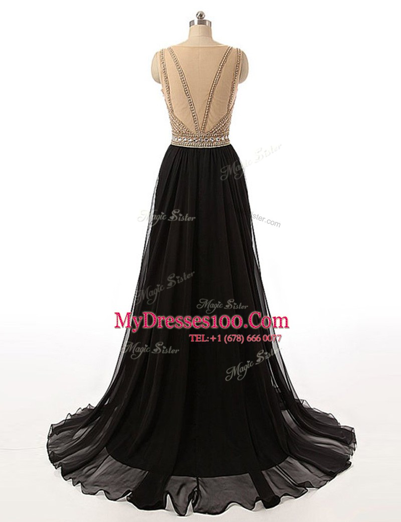 Black Tulle Side Zipper Prom Party Dress Sleeveless With Brush Train Beading