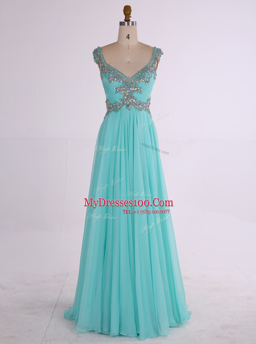 Aqua Blue Sleeveless Floor Length Beading Zipper