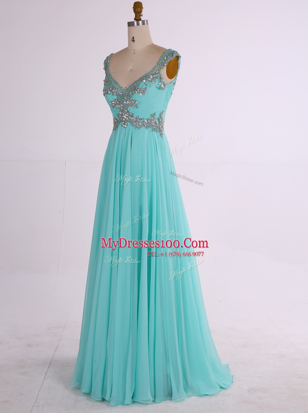 Aqua Blue Sleeveless Floor Length Beading Zipper