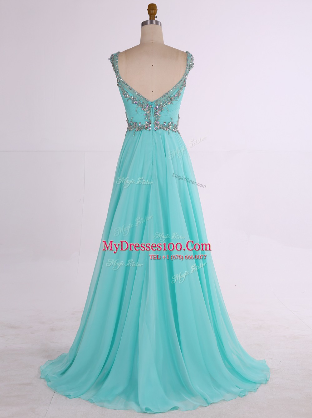 Aqua Blue Sleeveless Floor Length Beading Zipper