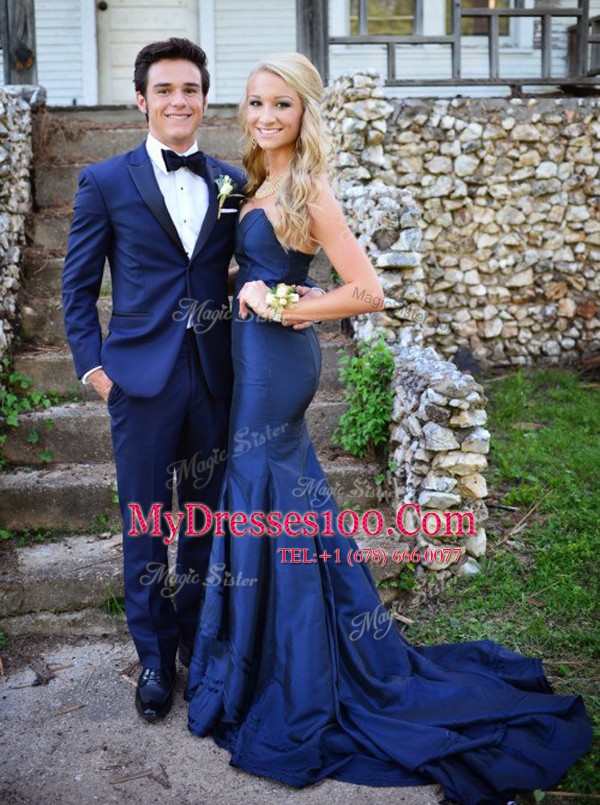 Customized Mermaid Navy Blue Chiffon Zipper Sweetheart Sleeveless Evening Dress Sweep Train Ruching