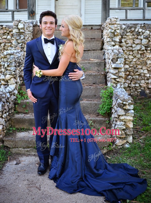 Customized Mermaid Navy Blue Chiffon Zipper Sweetheart Sleeveless Evening Dress Sweep Train Ruching