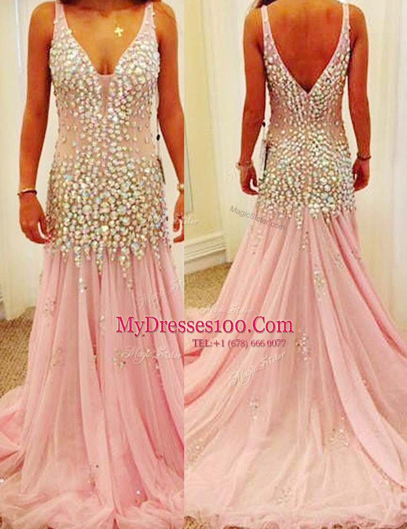 Pretty Mermaid Pink Sleeveless Tulle Court Train Zipper Prom Evening Gown for Prom and Party