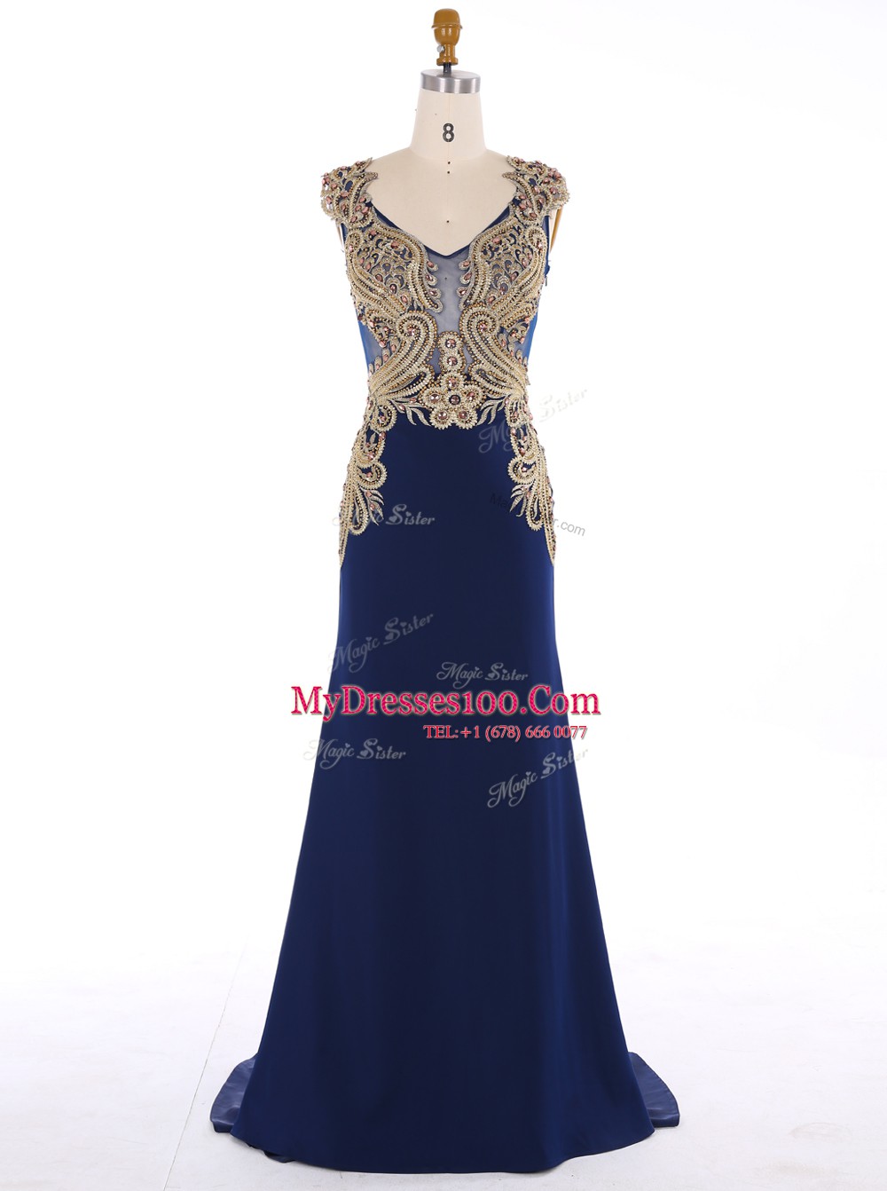 Free and Easy Mermaid V-neck Sleeveless Sweep Train Zipper Womens Evening Dresses Navy Blue Chiffon