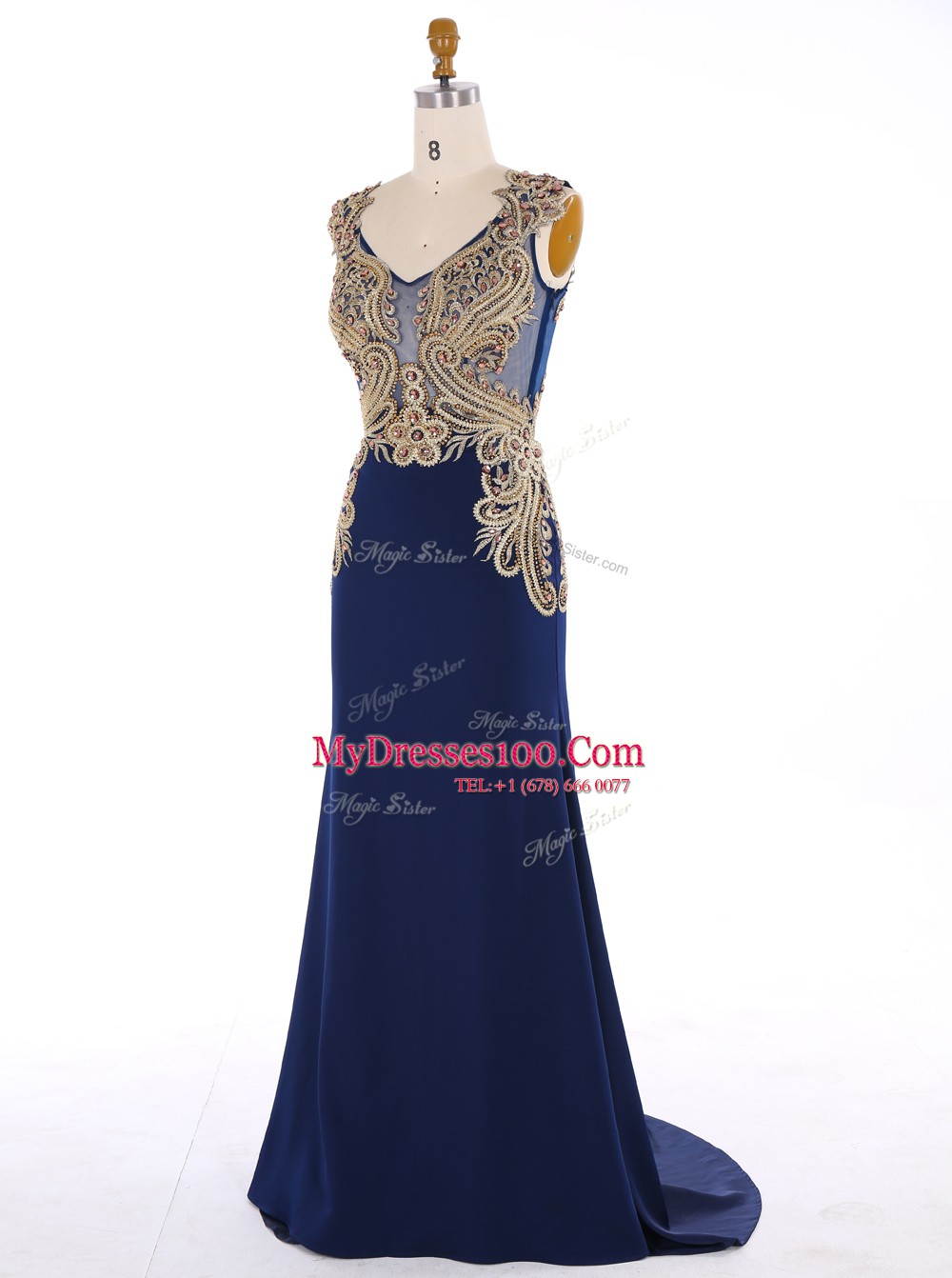 Free and Easy Mermaid V-neck Sleeveless Sweep Train Zipper Womens Evening Dresses Navy Blue Chiffon
