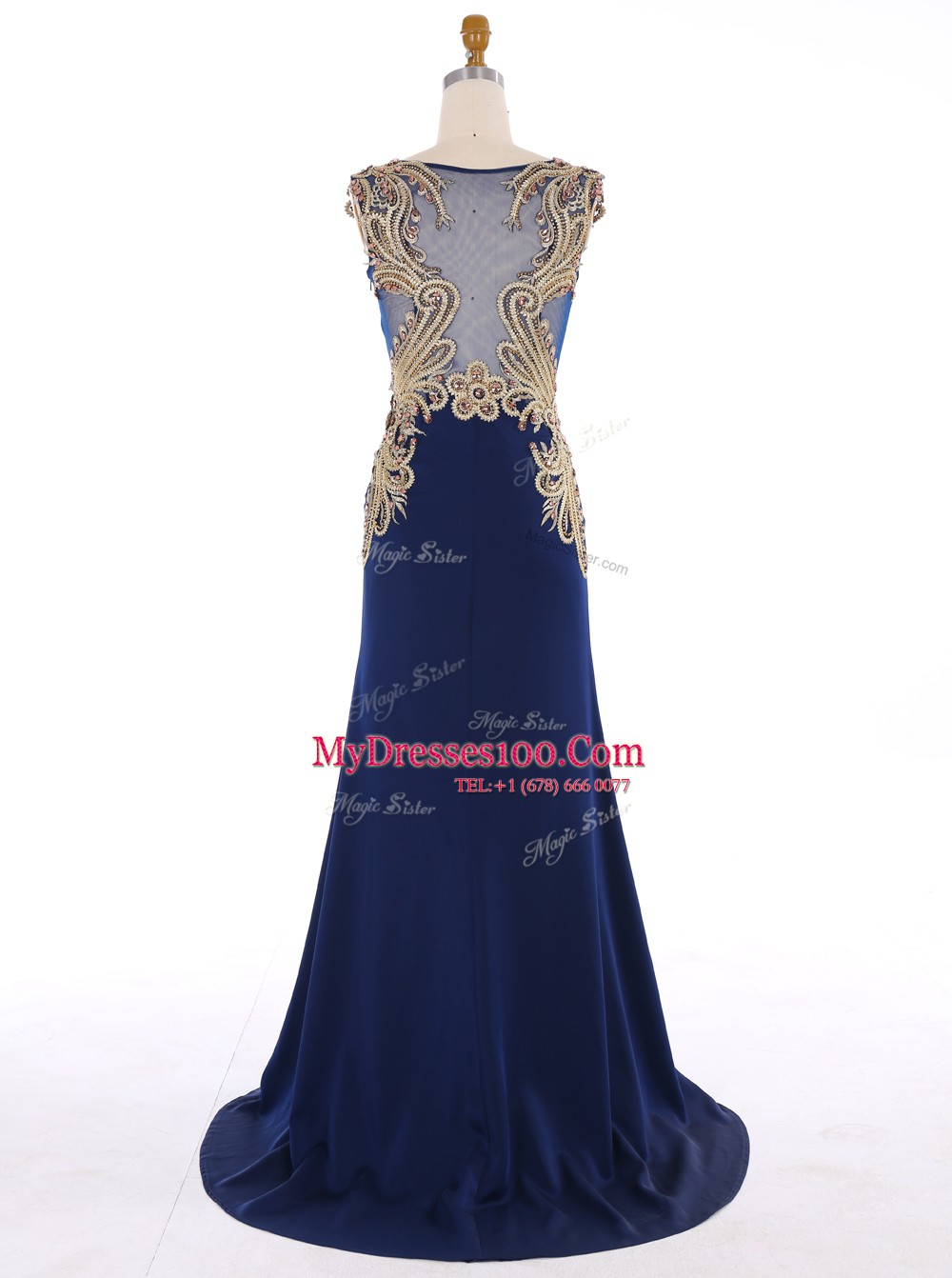 Free and Easy Mermaid V-neck Sleeveless Sweep Train Zipper Womens Evening Dresses Navy Blue Chiffon