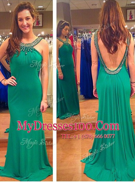 Mermaid Sleeveless Chiffon Sweep Train Backless in Green with Beading