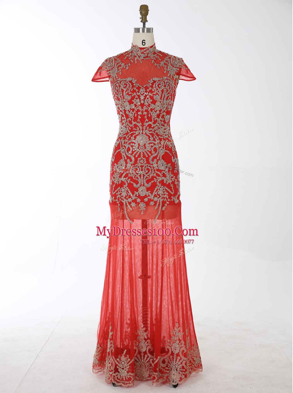 Mermaid Cap Sleeves Chiffon Floor Length Backless Prom Dress in Red with Beading and Appliques