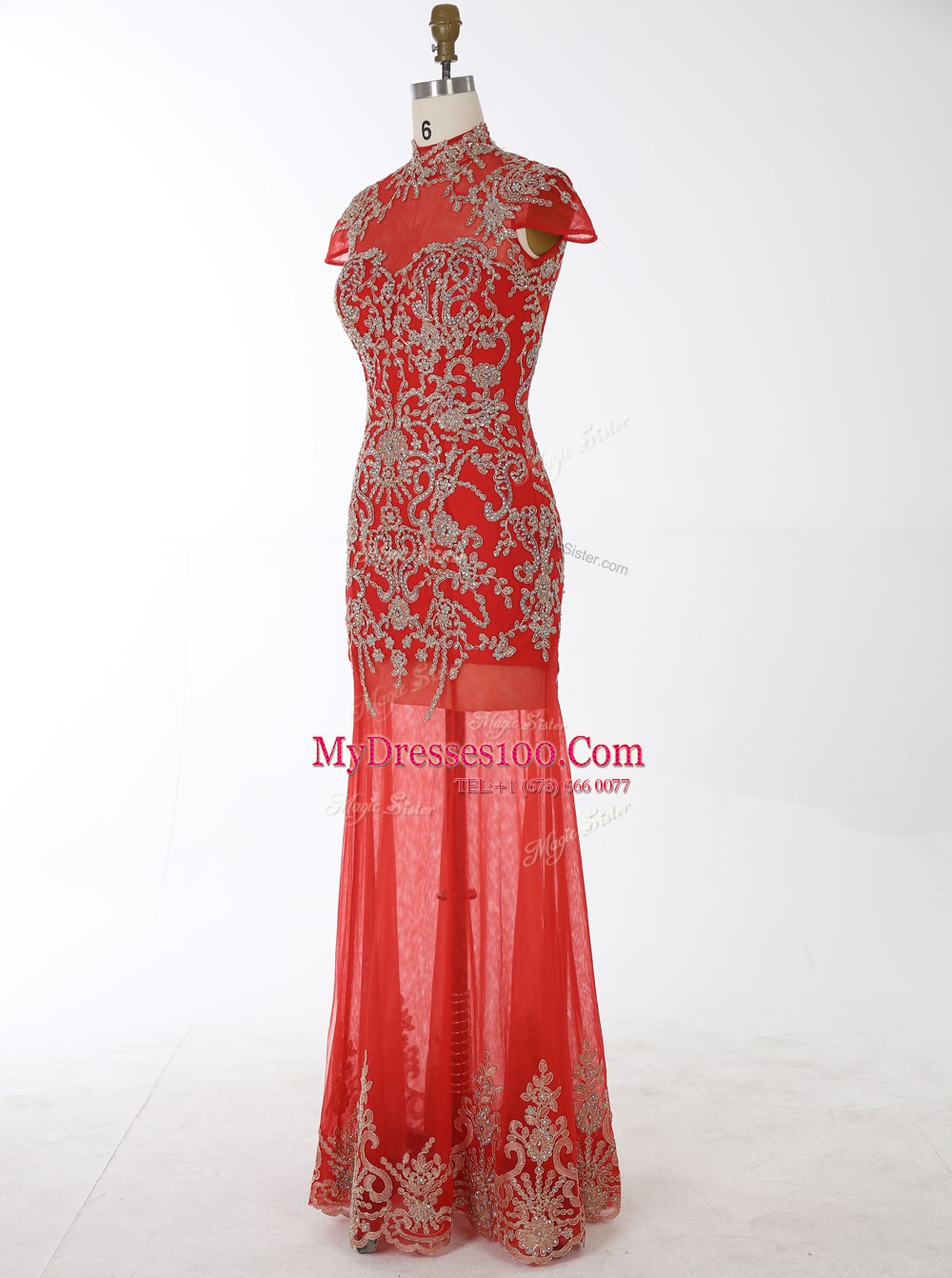 Mermaid Cap Sleeves Chiffon Floor Length Backless Prom Dress in Red with Beading and Appliques