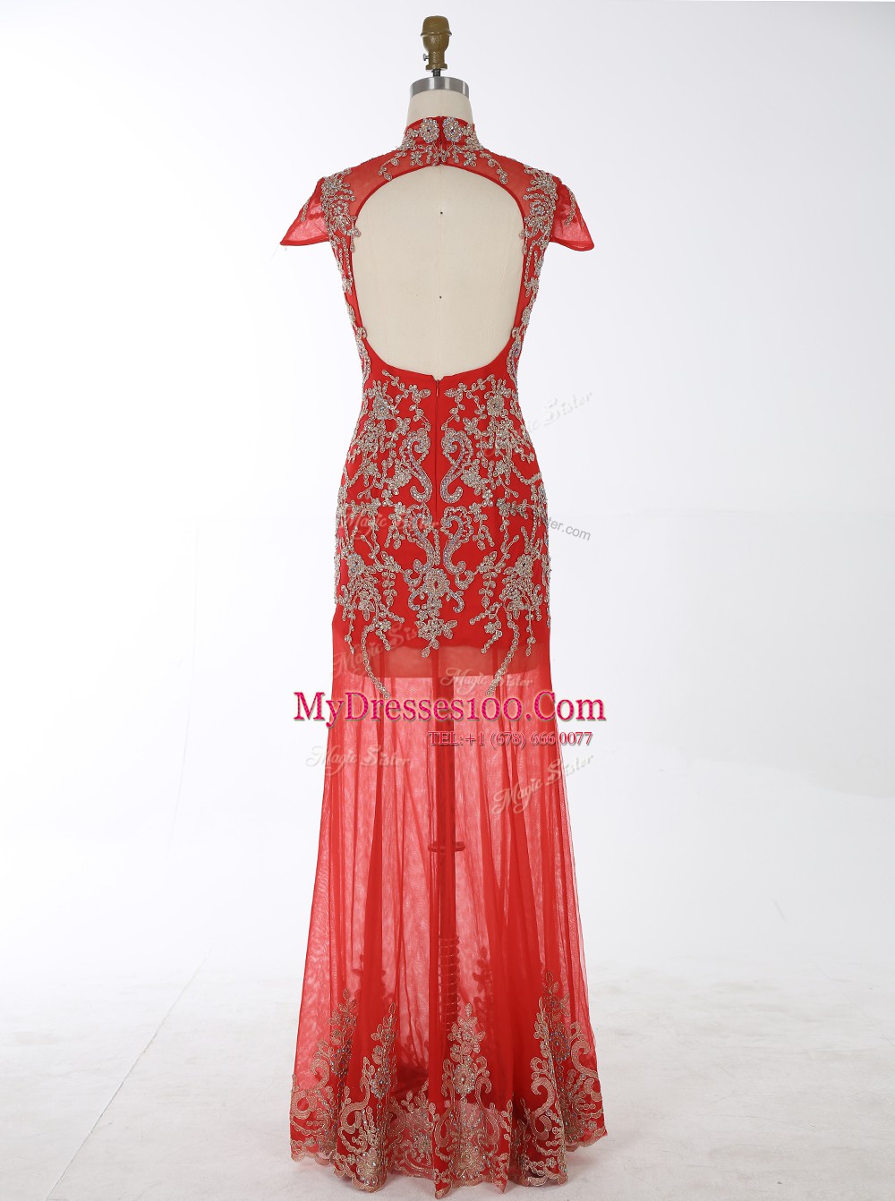 Mermaid Cap Sleeves Chiffon Floor Length Backless Prom Dress in Red with Beading and Appliques