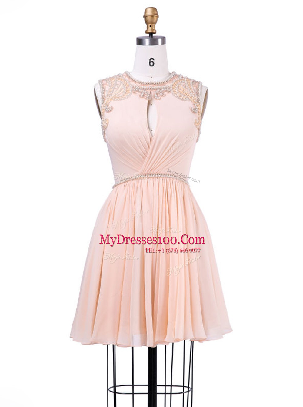Suitable Scoop Pleated Peach Sleeveless Chiffon Zipper Womens Evening Dresses for Prom and Party and Wedding Party