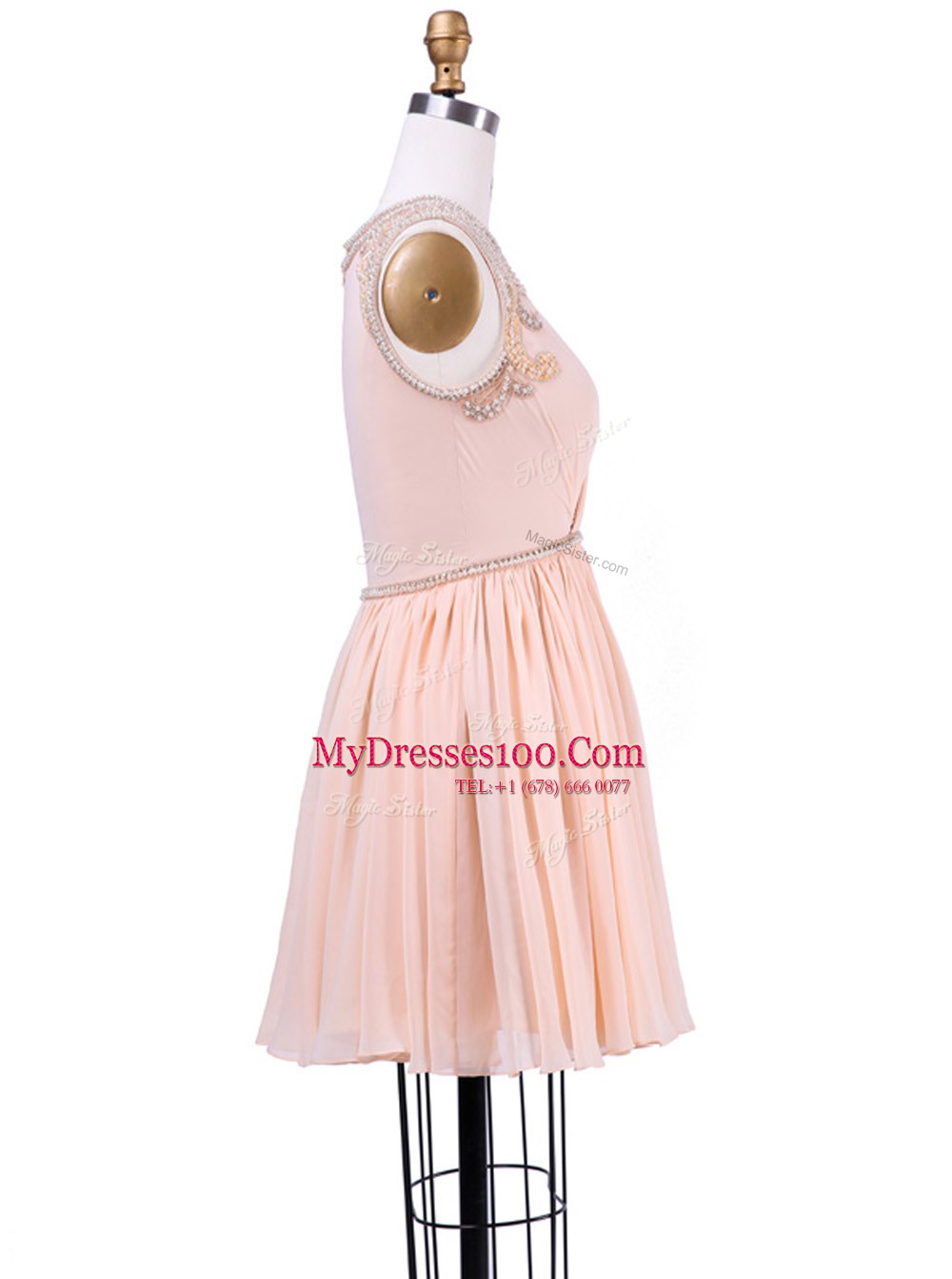 Suitable Scoop Pleated Peach Sleeveless Chiffon Zipper Womens Evening Dresses for Prom and Party and Wedding Party