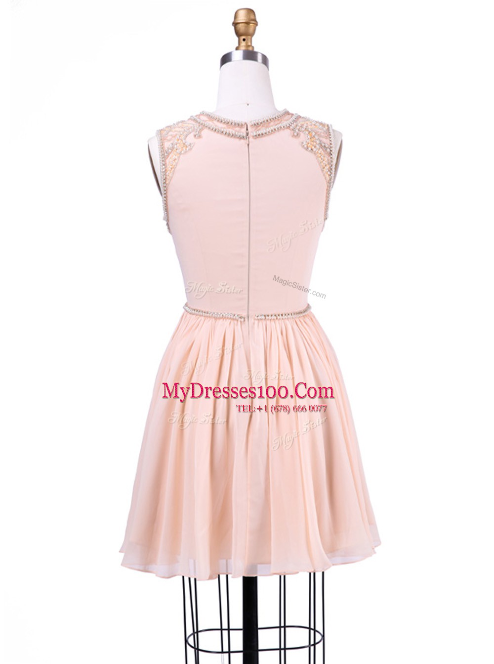 Suitable Scoop Pleated Peach Sleeveless Chiffon Zipper Womens Evening Dresses for Prom and Party and Wedding Party