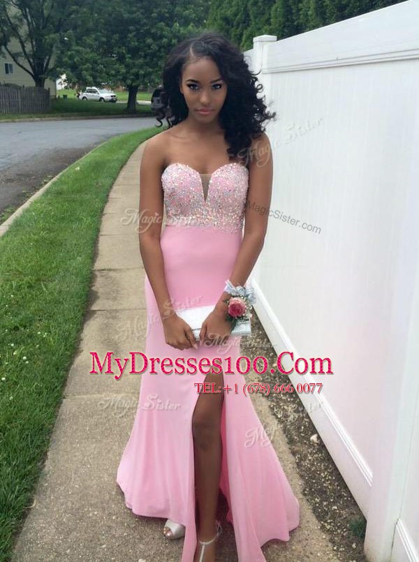 Sumptuous Rose Pink Sleeveless Floor Length Beading Backless Evening Dress