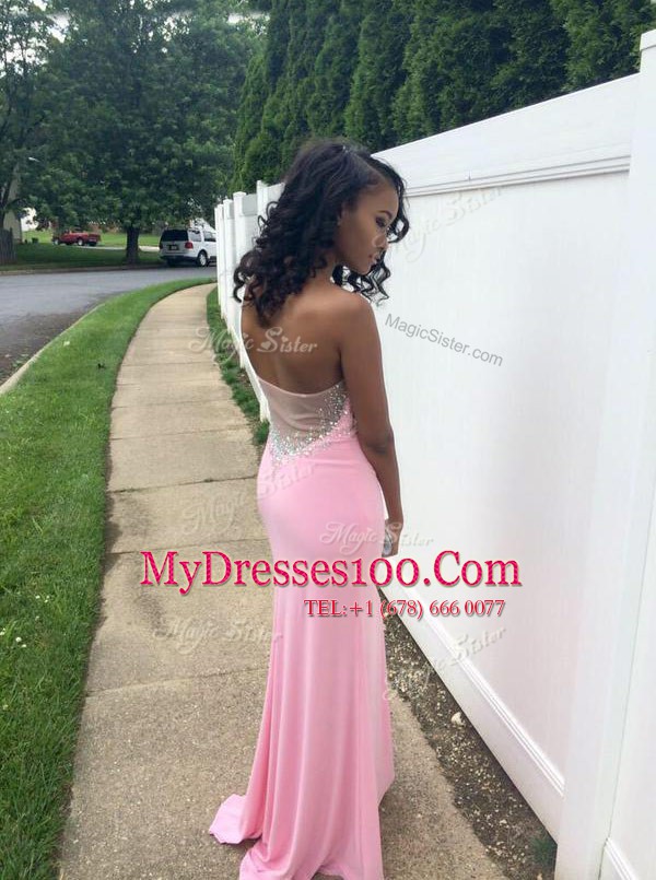 Sumptuous Rose Pink Sleeveless Floor Length Beading Backless Evening Dress
