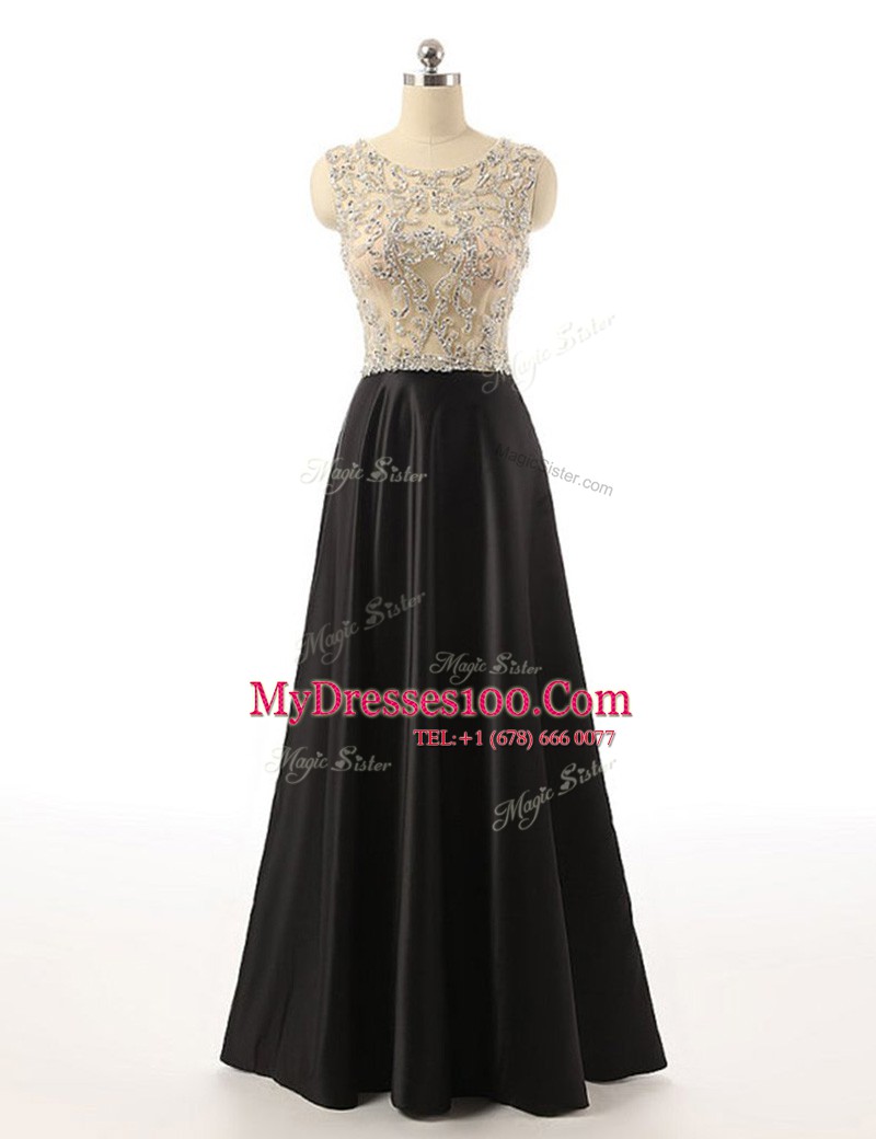 Fitting Scoop Black A-line Beading Prom Dress Side Zipper Satin Sleeveless Floor Length
